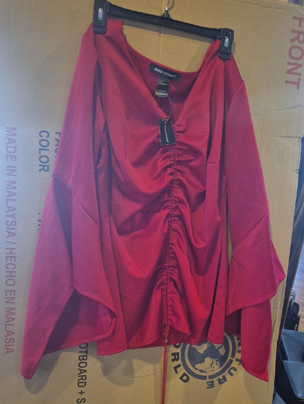 Ashley Stewart Burgundy Ruched Drawstring Blouse